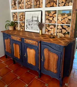 Genevieve - Elegant Large Vintage Sideboard - Hand painted Oxford Navy & Natural Wood