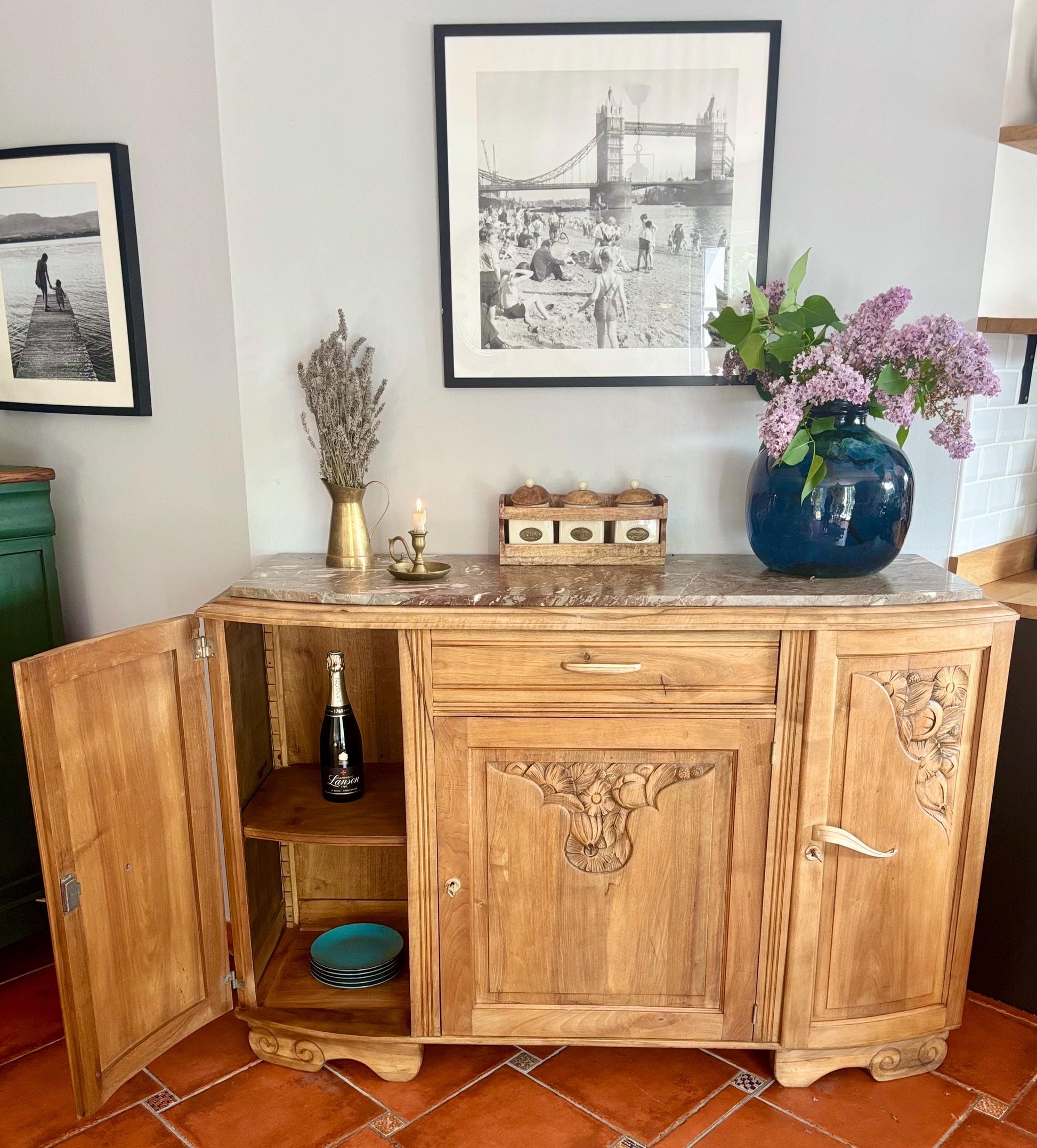 Adelaide - Art deco sideboard in solid oak / Rustic sideboard / Art deco marble top buffet / Antuque furniture